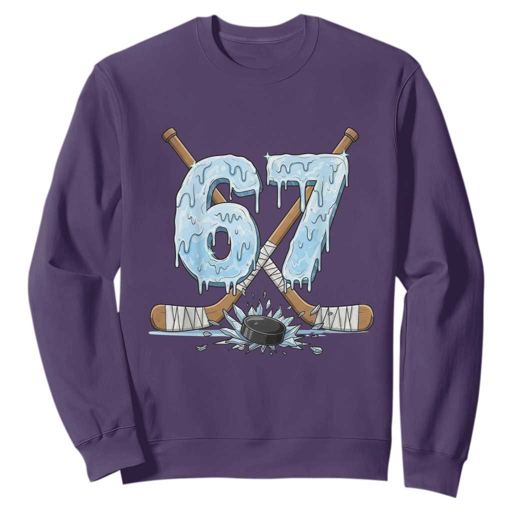 67 Ice Hockey Sticks and Puck Sweatshirt Funny Six Seven Brainrot Dripping Number Melting Snow TS02 Purple Print Your Wear