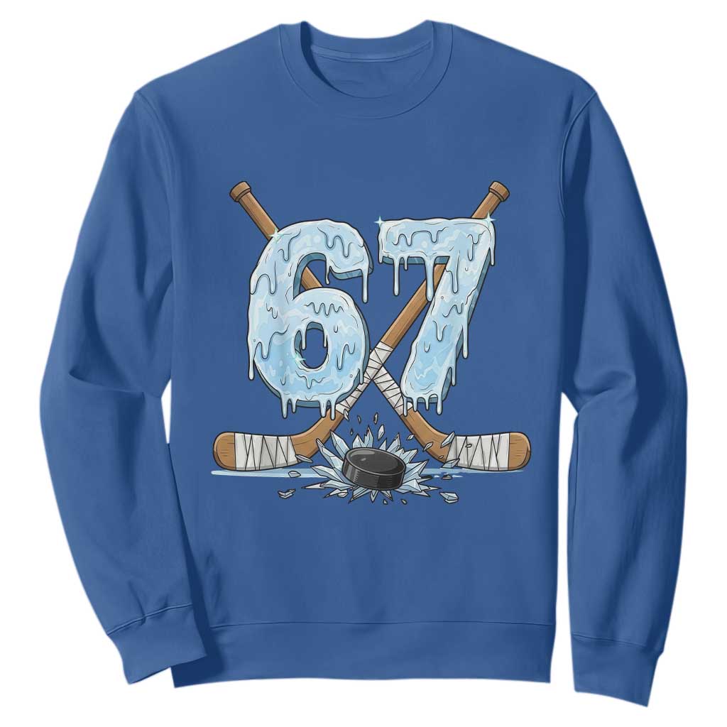 67 Ice Hockey Sticks and Puck Sweatshirt Funny Six Seven Brainrot Dripping Number Melting Snow TS02 Royal Blue Print Your Wear