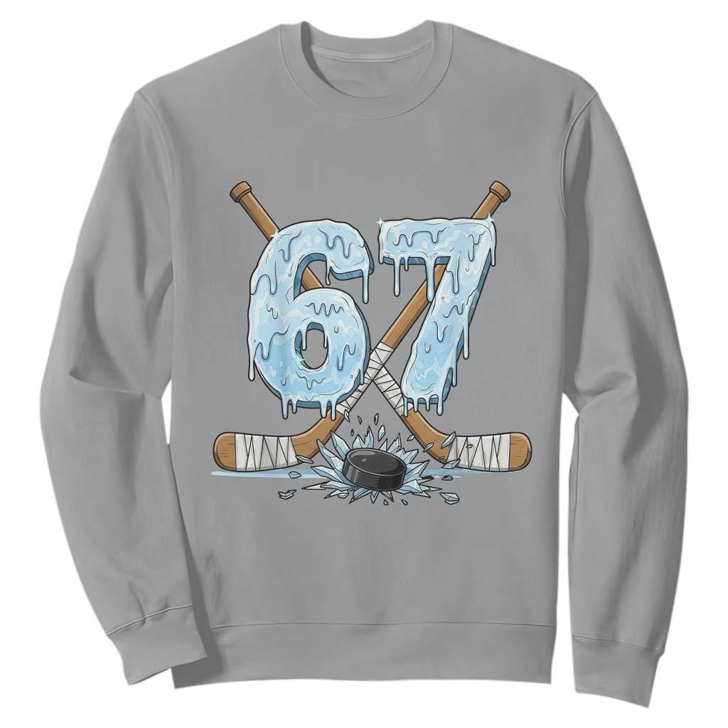 67 Ice Hockey Sticks and Puck Sweatshirt Funny Six Seven Brainrot Dripping Number Melting Snow TS02 Sport Gray Print Your Wear