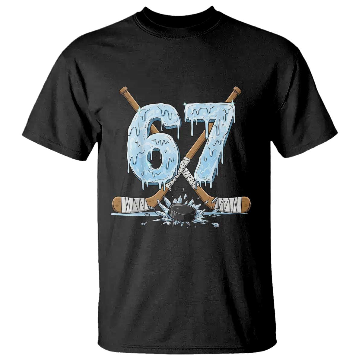 67 Ice Hockey Sticks and Puck T Shirt Funny Six Seven Brainrot Dripping Number Melting Snow TS02 Black Print Your Wear