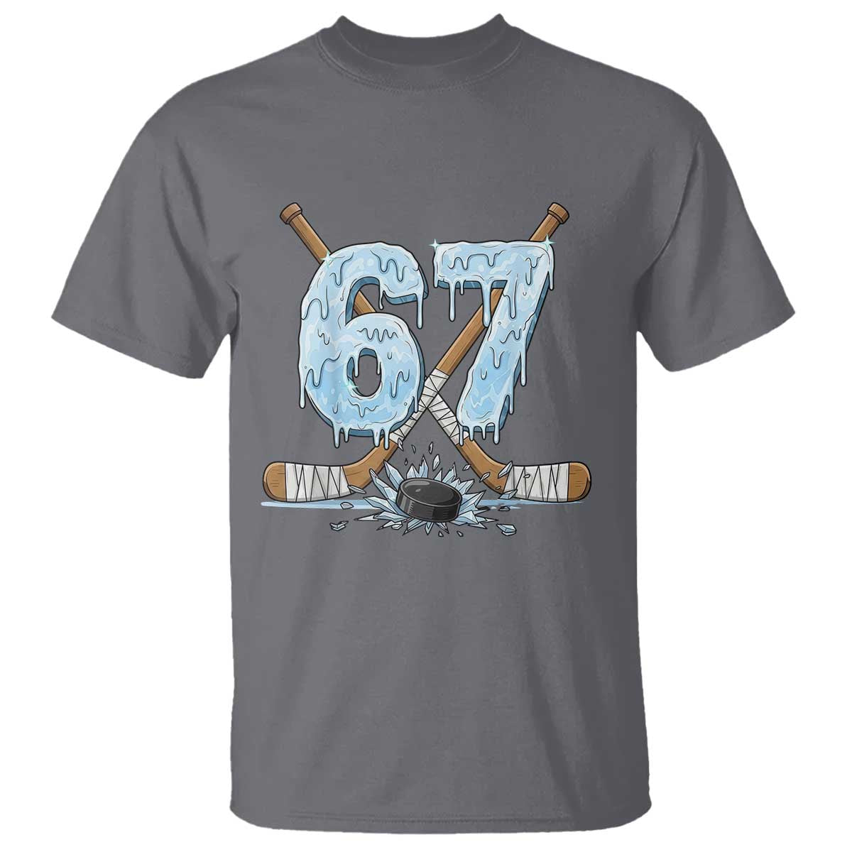 67 Ice Hockey Sticks and Puck T Shirt Funny Six Seven Brainrot Dripping Number Melting Snow TS02 Charcoal Print Your Wear