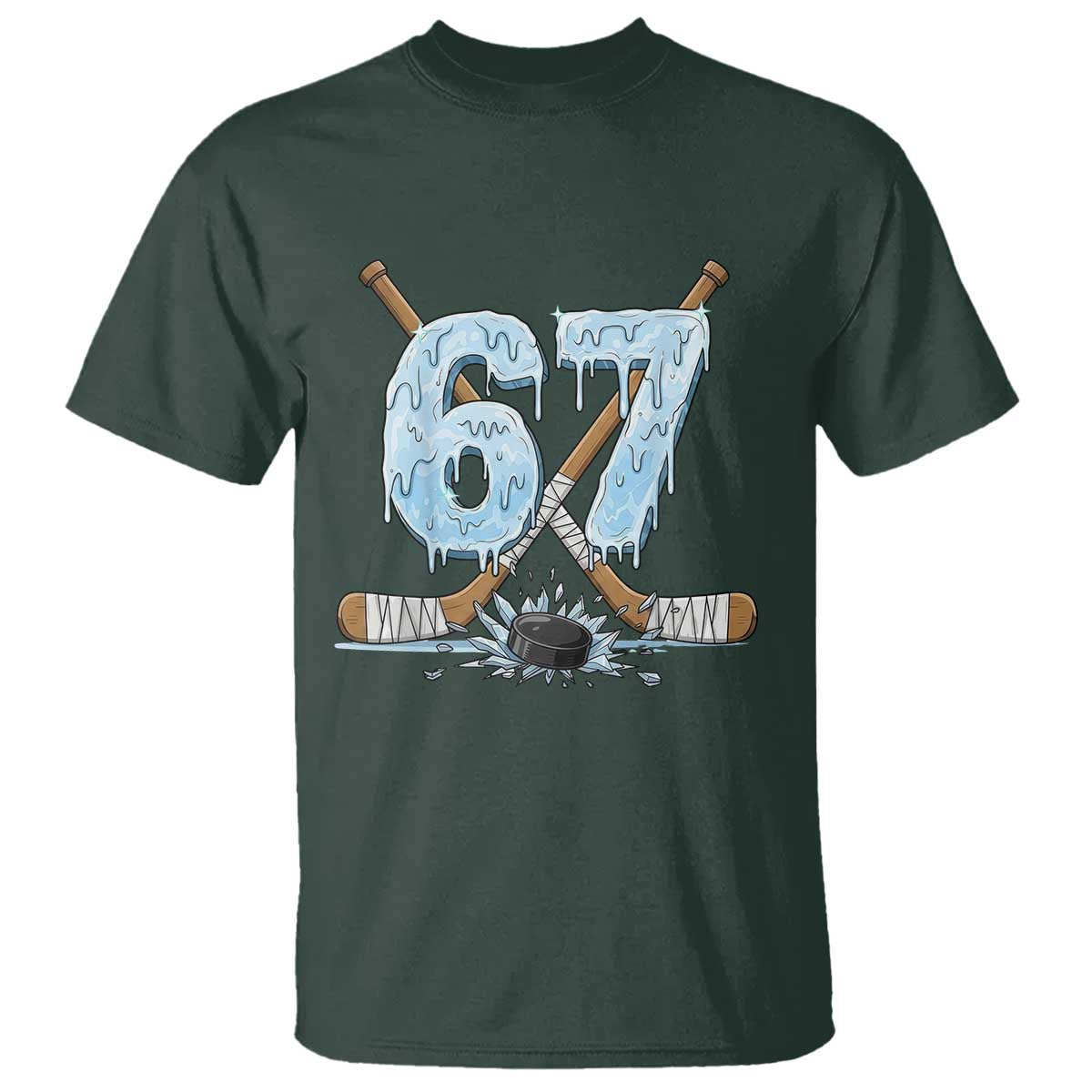 67 Ice Hockey Sticks and Puck T Shirt Funny Six Seven Brainrot Dripping Number Melting Snow TS02 Dark Forest Green Print Your Wear