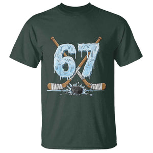 67 Ice Hockey Sticks and Puck T Shirt Funny Six Seven Brainrot Dripping Number Melting Snow TS02 Dark Forest Green Print Your Wear