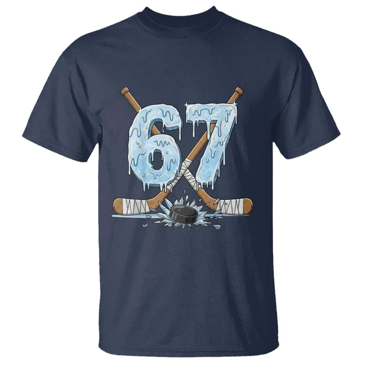 67 Ice Hockey Sticks and Puck T Shirt Funny Six Seven Brainrot Dripping Number Melting Snow TS02 Navy Print Your Wear