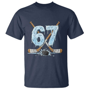 67 Ice Hockey Sticks and Puck T Shirt Funny Six Seven Brainrot Dripping Number Melting Snow TS02 Navy Print Your Wear