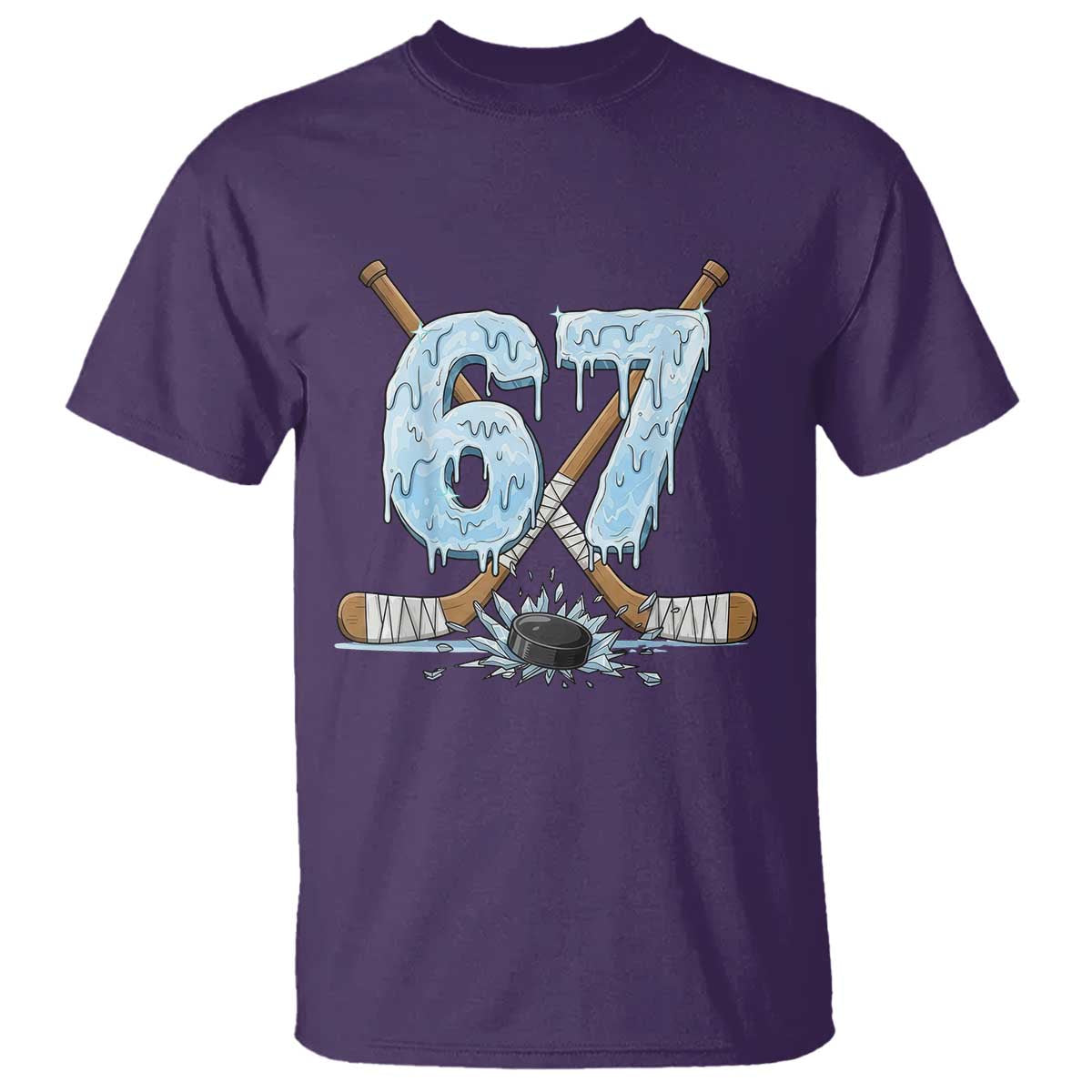 67 Ice Hockey Sticks and Puck T Shirt Funny Six Seven Brainrot Dripping Number Melting Snow TS02 Purple Print Your Wear
