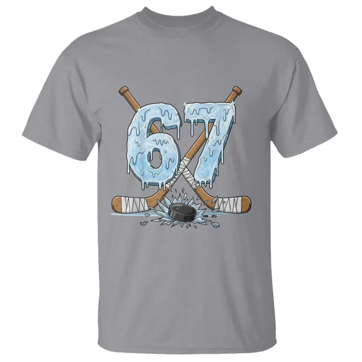 67 Ice Hockey Sticks and Puck T Shirt Funny Six Seven Brainrot Dripping Number Melting Snow TS02 Sport Gray Print Your Wear