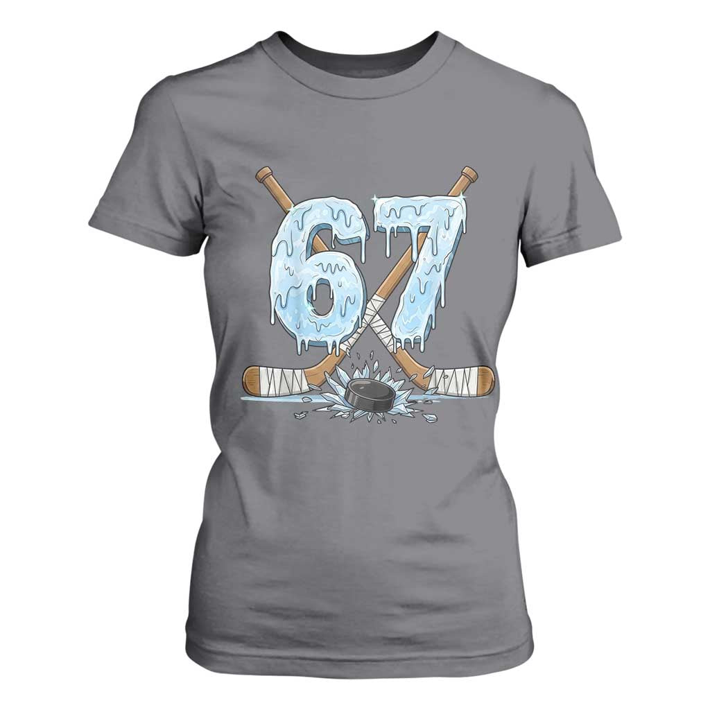 67 Ice Hockey Sticks and Puck T Shirt For Women Funny Six Seven Brainrot Dripping Number Melting Snow TS02 Charcoal Print Your Wear