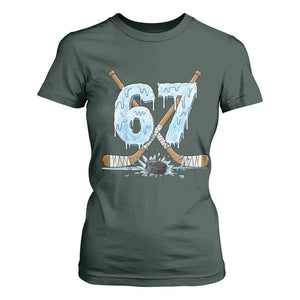 67 Ice Hockey Sticks and Puck T Shirt For Women Funny Six Seven Brainrot Dripping Number Melting Snow TS02 Dark Forest Green Print Your Wear