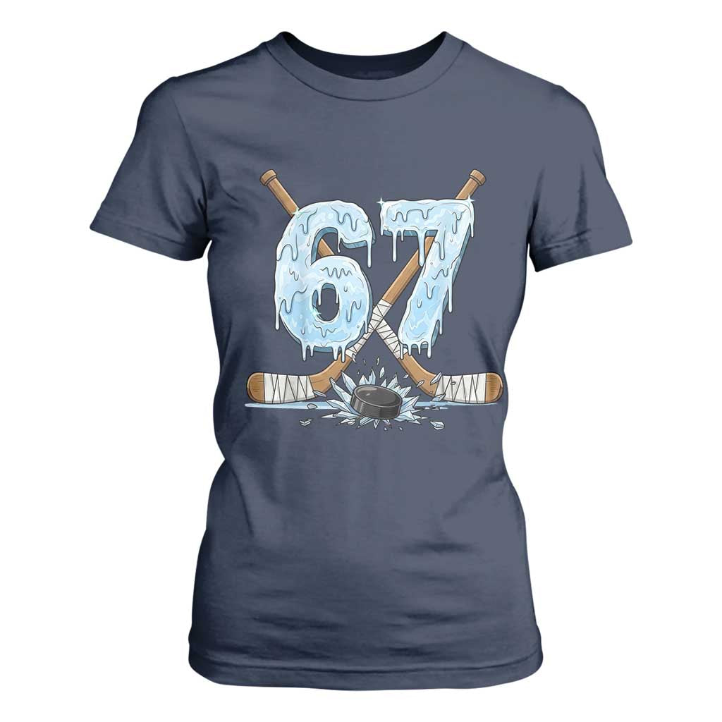 67 Ice Hockey Sticks and Puck T Shirt For Women Funny Six Seven Brainrot Dripping Number Melting Snow TS02 Navy Print Your Wear