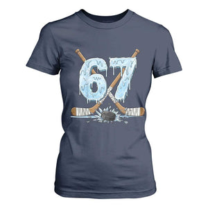 67 Ice Hockey Sticks and Puck T Shirt For Women Funny Six Seven Brainrot Dripping Number Melting Snow TS02 Navy Print Your Wear