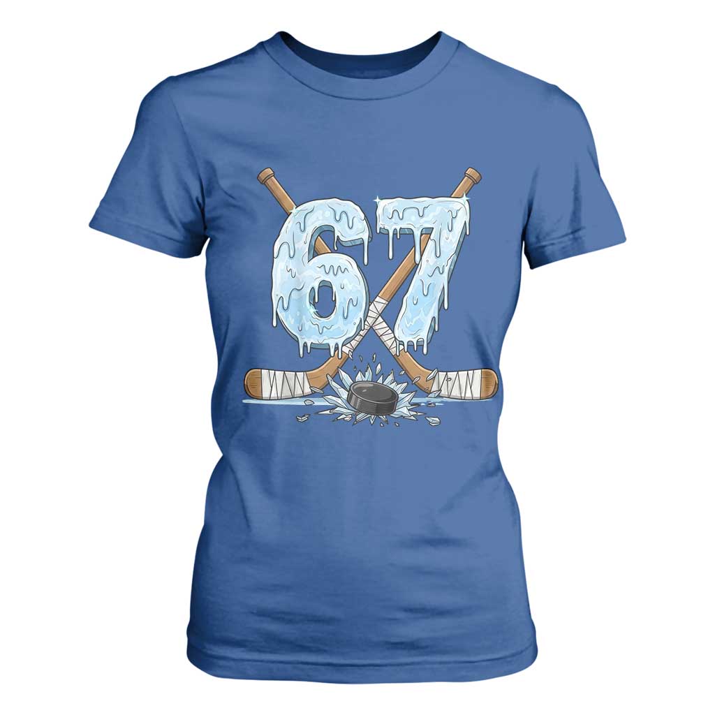 67 Ice Hockey Sticks and Puck T Shirt For Women Funny Six Seven Brainrot Dripping Number Melting Snow TS02 Royal Blue Print Your Wear