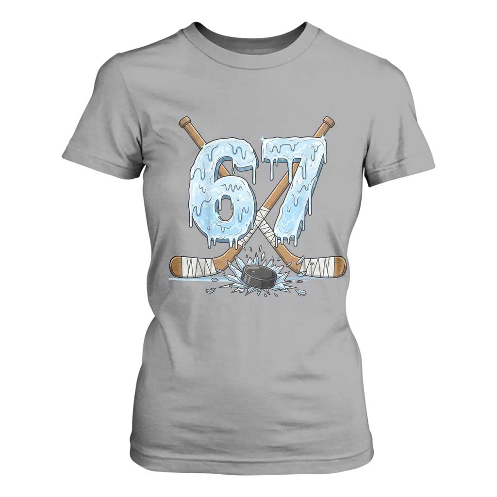 67 Ice Hockey Sticks and Puck T Shirt For Women Funny Six Seven Brainrot Dripping Number Melting Snow TS02 Sport Gray Print Your Wear