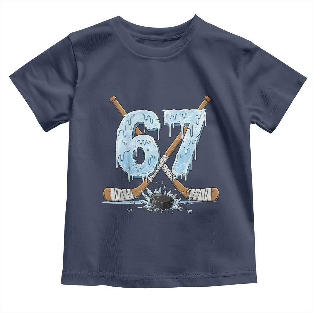 67 Ice Hockey Sticks and Puck Toddler T Shirt Funny Six Seven Brainrot Dripping Number Melting Snow TS02 Navy Print Your Wear