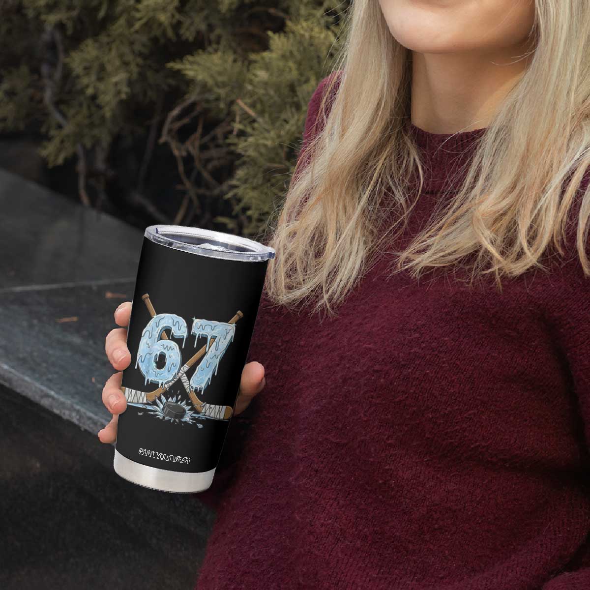 67 Ice Hockey Sticks and Puck Tumbler Cup Funny Six Seven Brainrot Dripping Number Melting Snow TS02 Print Your Wear