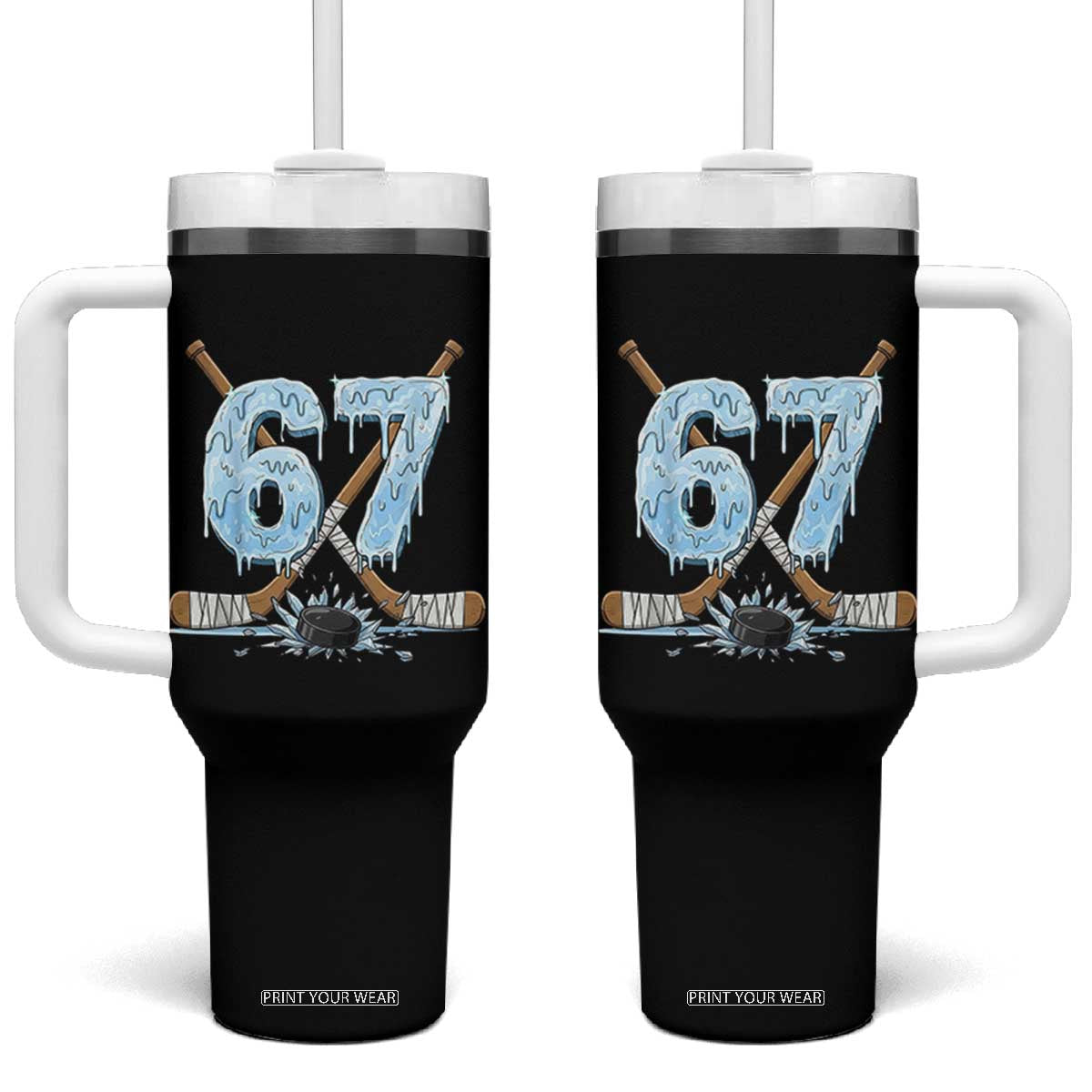67 Ice Hockey Sticks and Puck Tumbler With Handle Funny Six Seven Brainrot Dripping Number Melting Snow TS02 One Size: 40 oz Black Print Your Wear