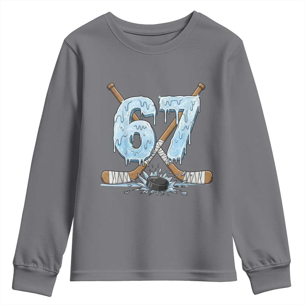67 Ice Hockey Sticks and Puck Youth Sweatshirt Funny Six Seven Brainrot Dripping Number Melting Snow TS02 Charcoal Print Your Wear