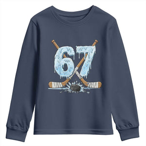 67 Ice Hockey Sticks and Puck Youth Sweatshirt Funny Six Seven Brainrot Dripping Number Melting Snow TS02 Navy Print Your Wear