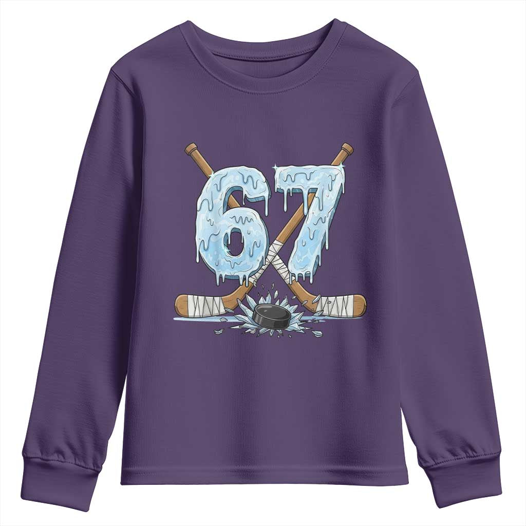 67 Ice Hockey Sticks and Puck Youth Sweatshirt Funny Six Seven Brainrot Dripping Number Melting Snow TS02 Purple Print Your Wear