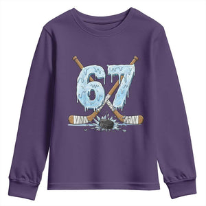 67 Ice Hockey Sticks and Puck Youth Sweatshirt Funny Six Seven Brainrot Dripping Number Melting Snow TS02 Purple Print Your Wear