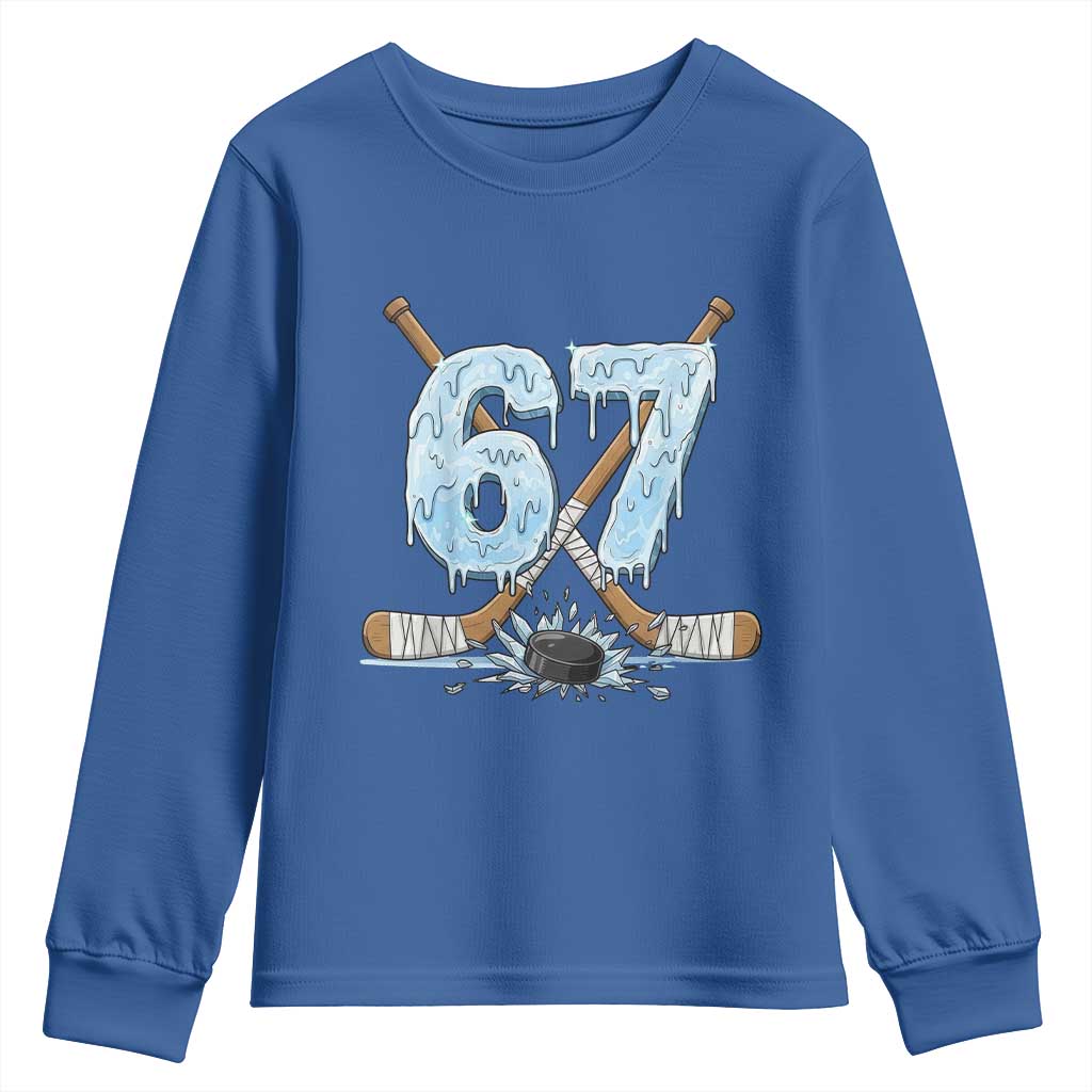 67 Ice Hockey Sticks and Puck Youth Sweatshirt Funny Six Seven Brainrot Dripping Number Melting Snow TS02 Royal Blue Print Your Wear