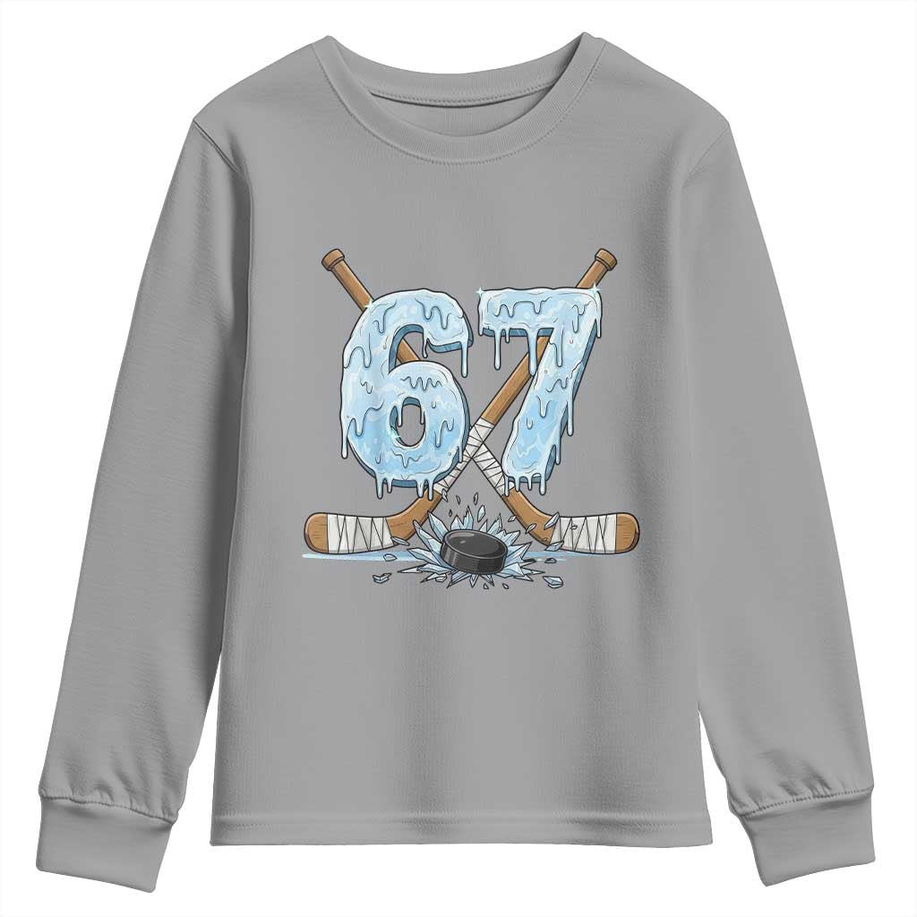 67 Ice Hockey Sticks and Puck Youth Sweatshirt Funny Six Seven Brainrot Dripping Number Melting Snow TS02 Sport Gray Print Your Wear
