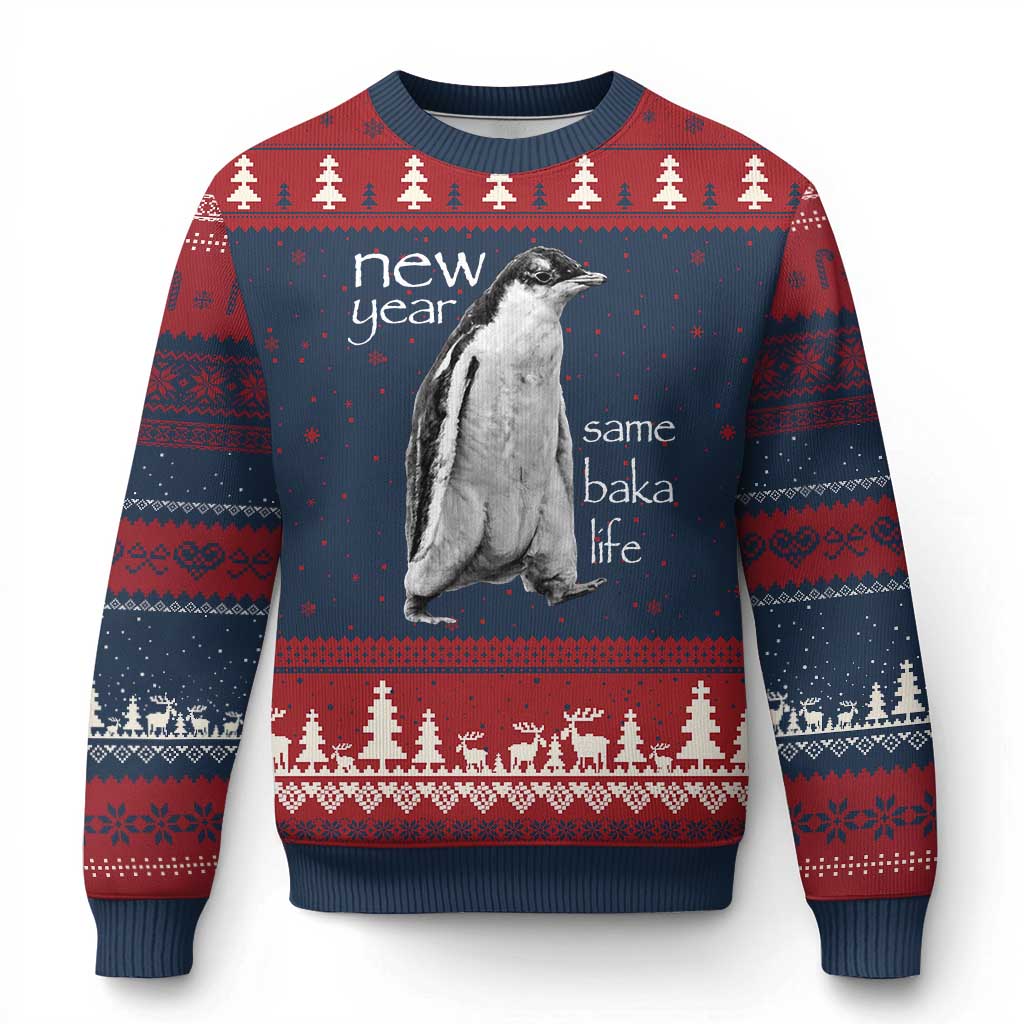Funny New Year Same Baka Life Sarcastic Penguin Ugly Christmas Sweater Otaku Humor Core Cringe Meme TS02 Navy Red Print Your Wear