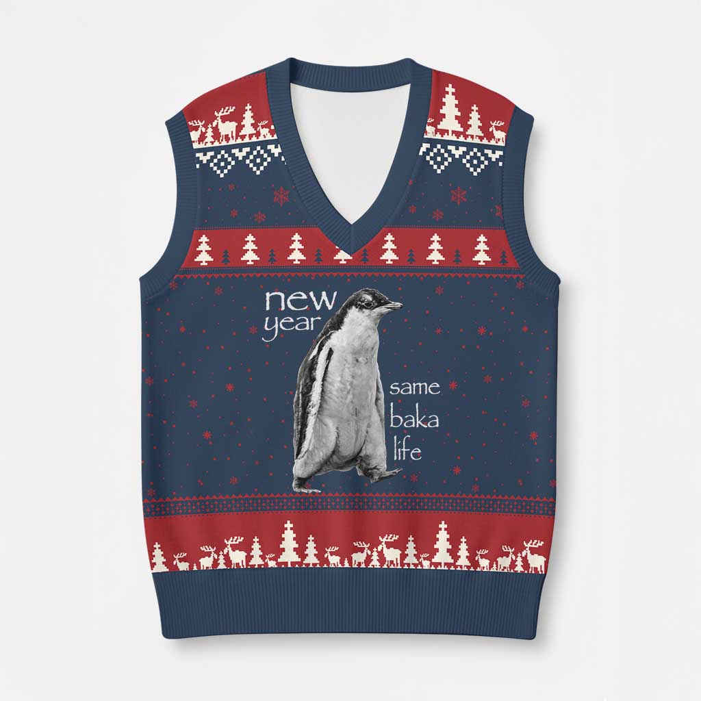 Funny New Year Same Baka Life Sarcastic Penguin V-Neck Knit Sweater Vest Otaku Humor Core Cringe Meme TS02 Navy Red Print Your Wear