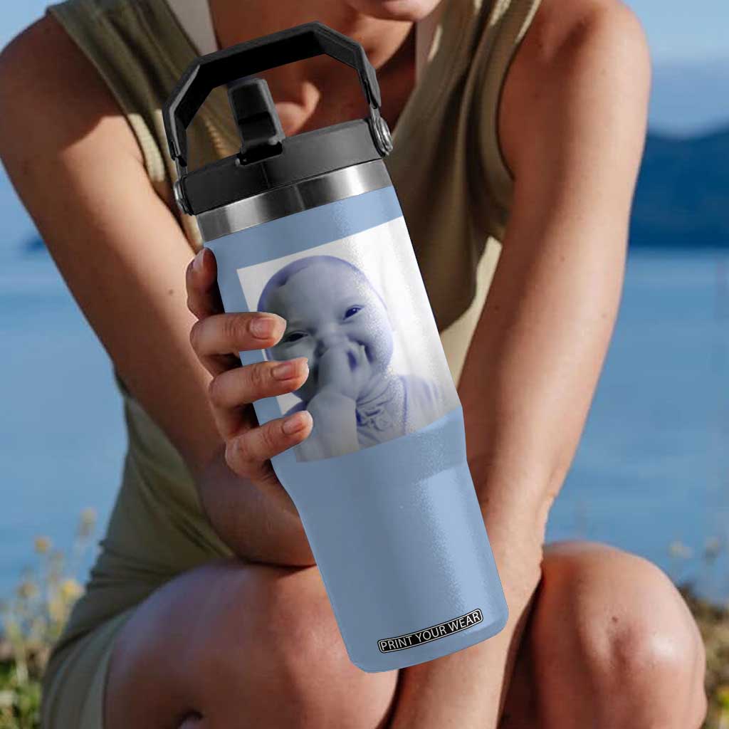 Funny Tuff Baby Giggling Meme Flip Straw Tumbler Viral AI Niche Baby Holding Laugh Photo TS02 One Size: 30 oz Light Blue Print Your Wear
