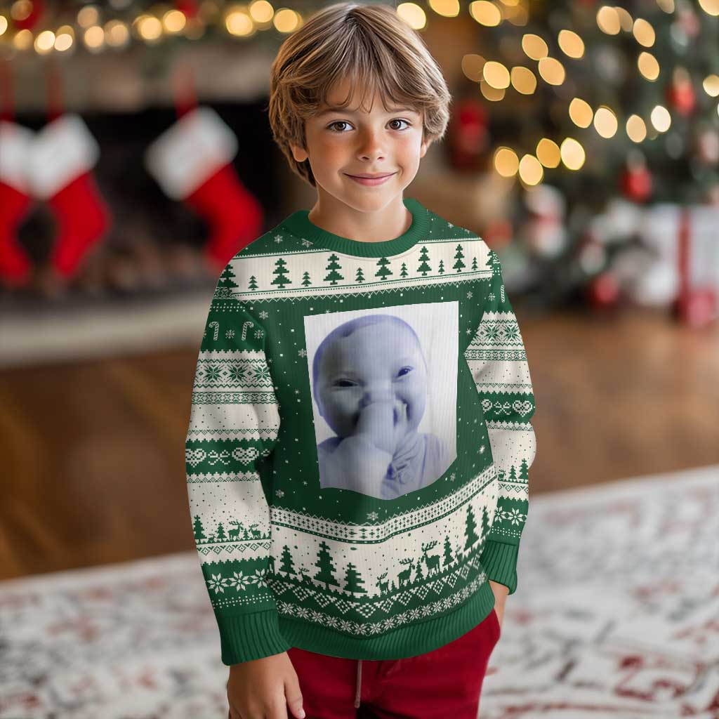Funny Tuff Baby Giggling Meme Ugly Christmas Sweater Viral AI Niche Baby Holding Laugh Photo TS02 Forest Green Beige Print Your Wear