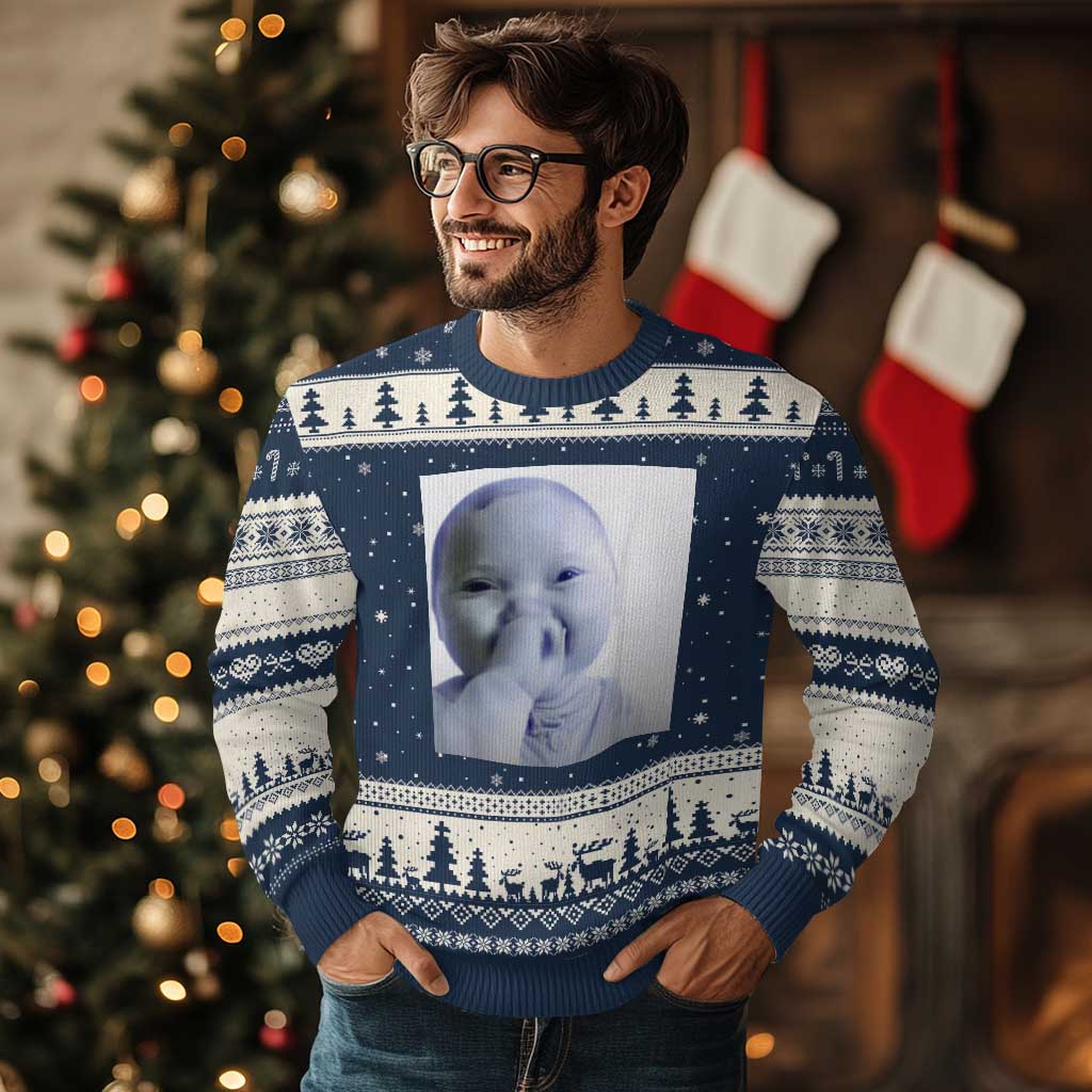 Funny Tuff Baby Giggling Meme Ugly Christmas Sweater Viral AI Niche Baby Holding Laugh Photo TS02 Navy Beige Print Your Wear