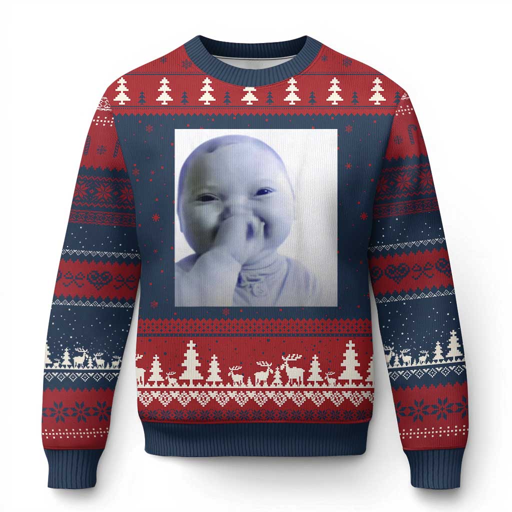 Funny Tuff Baby Giggling Meme Ugly Christmas Sweater Viral AI Niche Baby Holding Laugh Photo TS02 Navy Red Print Your Wear