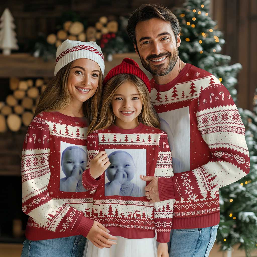 Funny Tuff Baby Giggling Meme Ugly Christmas Sweater Viral AI Niche Baby Holding Laugh Photo TS02 Red Beige Print Your Wear