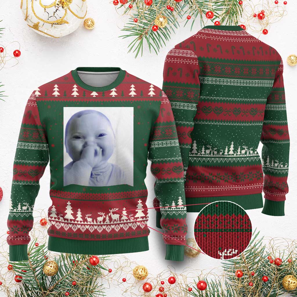 Funny Tuff Baby Giggling Meme Ugly Christmas Sweater Viral AI Niche Baby Holding Laugh Photo TS02 Red Green Print Your Wear