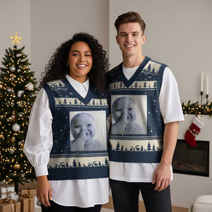 Funny Tuff Baby Giggling Meme V-Neck Knit Sweater Vest Viral AI Niche Baby Holding Laugh Photo TS02 Navy Beige Print Your Wear