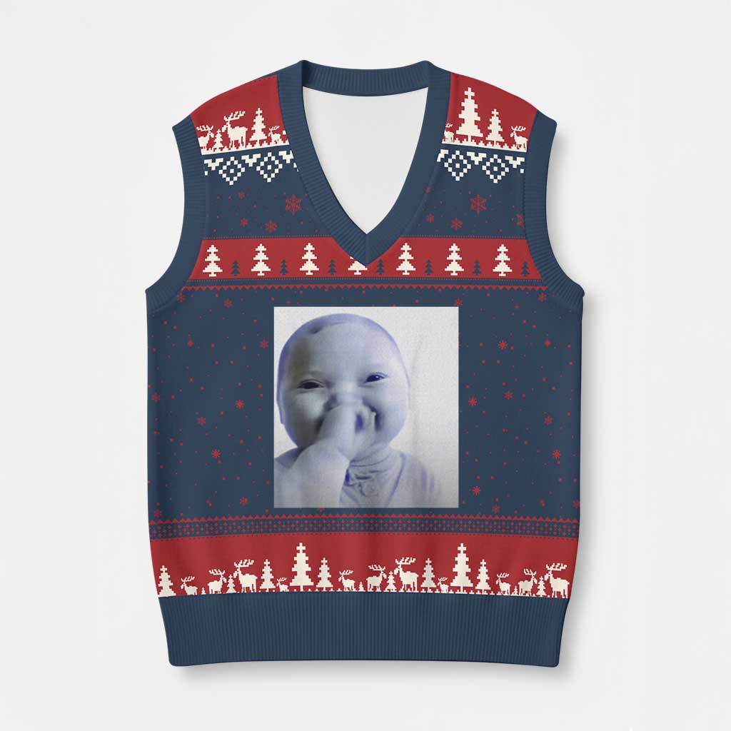 Funny Tuff Baby Giggling Meme V-Neck Knit Sweater Vest Viral AI Niche Baby Holding Laugh Photo TS02 Navy Red Print Your Wear