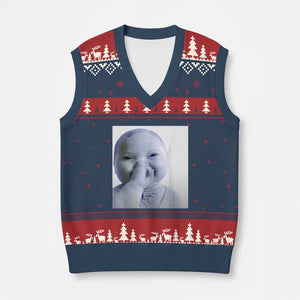 Funny Tuff Baby Giggling Meme V-Neck Knit Sweater Vest Viral AI Niche Baby Holding Laugh Photo TS02 Navy Red Print Your Wear