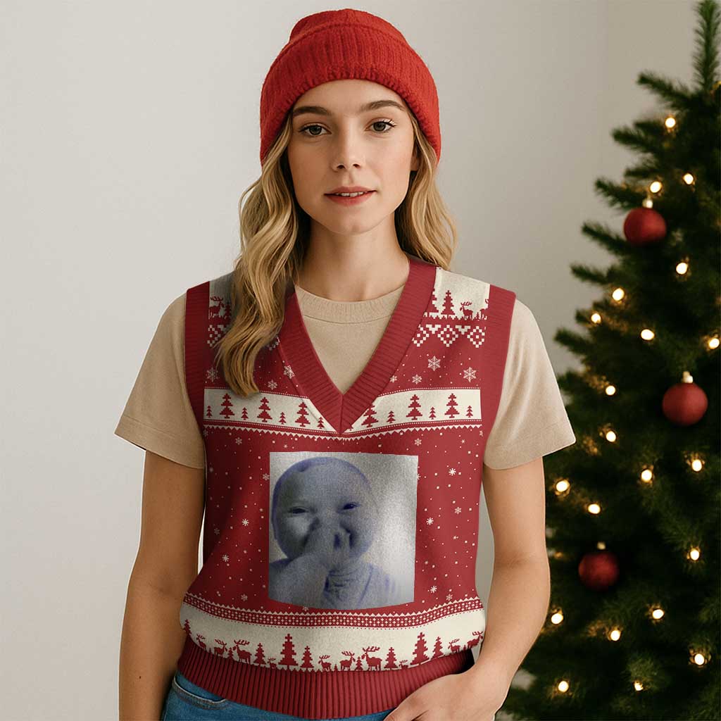 Funny Tuff Baby Giggling Meme V-Neck Knit Sweater Vest Viral AI Niche Baby Holding Laugh Photo TS02 Red Beige Print Your Wear