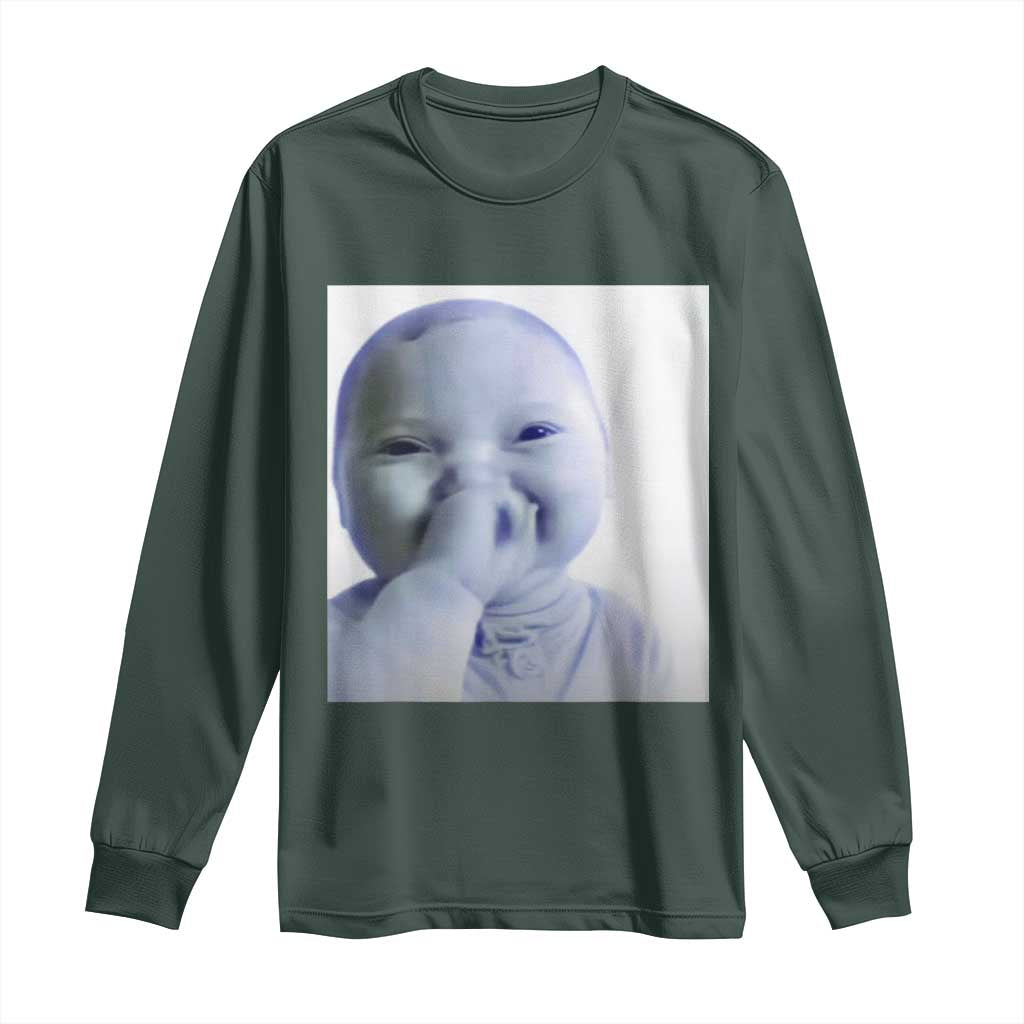 Funny Tuff Baby Giggling Meme Long Sleeve Shirt Viral AI Niche Baby Holding Laugh Photo TS02 Dark Forest Green Print Your Wear