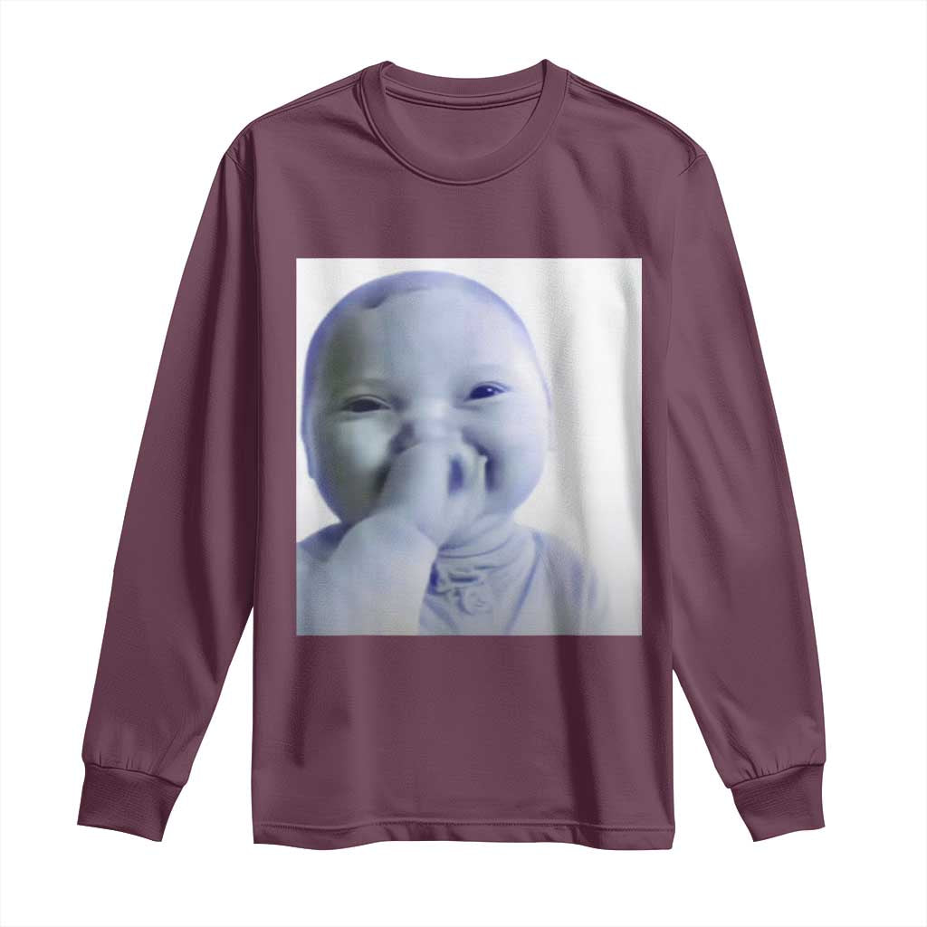 Funny Tuff Baby Giggling Meme Long Sleeve Shirt Viral AI Niche Baby Holding Laugh Photo TS02 Maroon Print Your Wear