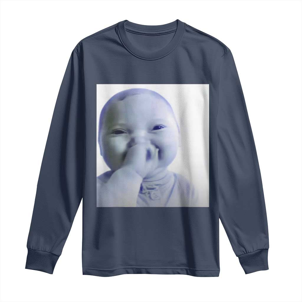 Funny Tuff Baby Giggling Meme Long Sleeve Shirt Viral AI Niche Baby Holding Laugh Photo TS02 Navy Print Your Wear