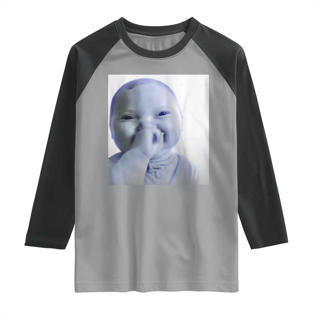 Funny Tuff Baby Giggling Meme Raglan Shirt Viral AI Niche Baby Holding Laugh Photo TS02 Sport Gray Black Print Your Wear