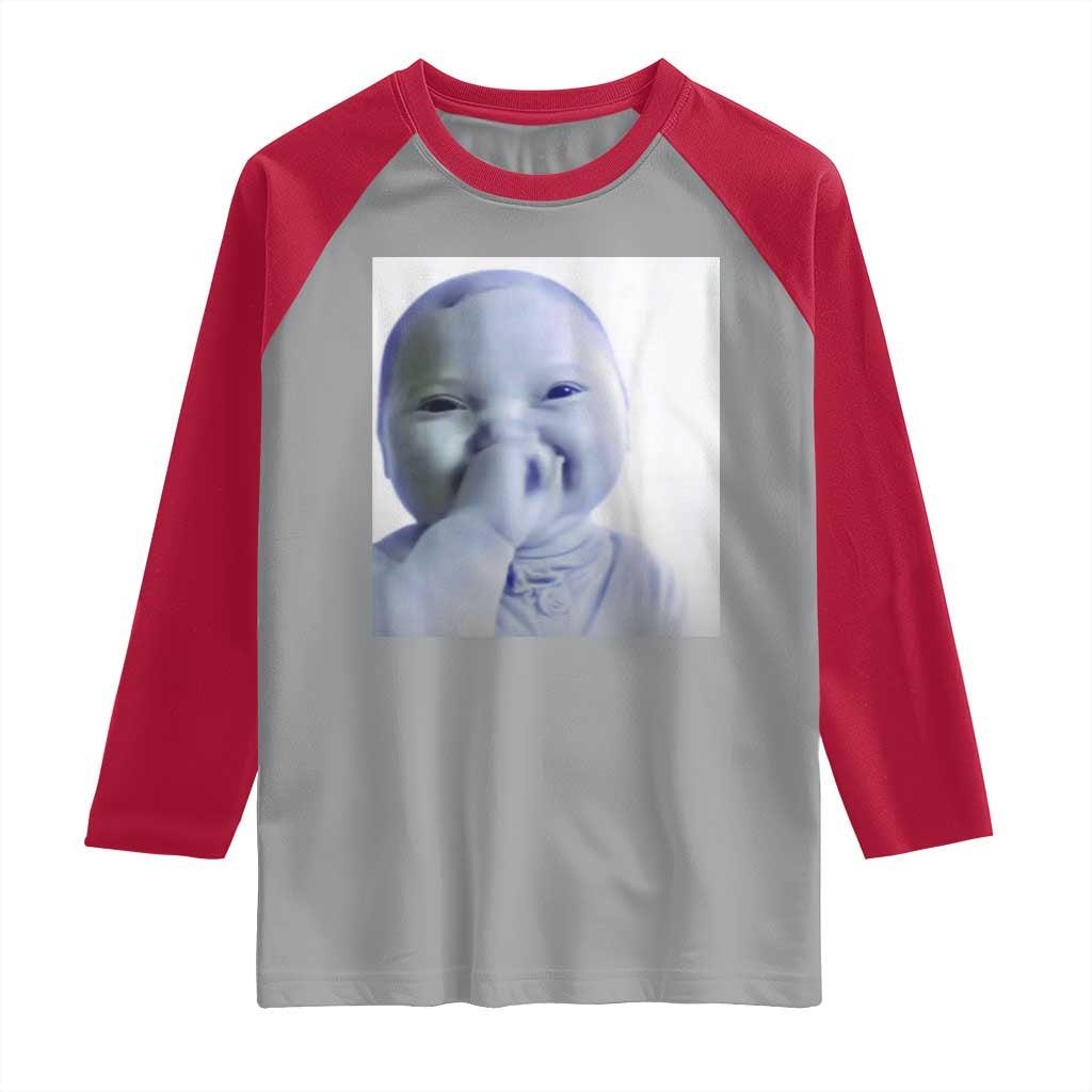 Funny Tuff Baby Giggling Meme Raglan Shirt Viral AI Niche Baby Holding Laugh Photo TS02 Sport Gray Red Print Your Wear