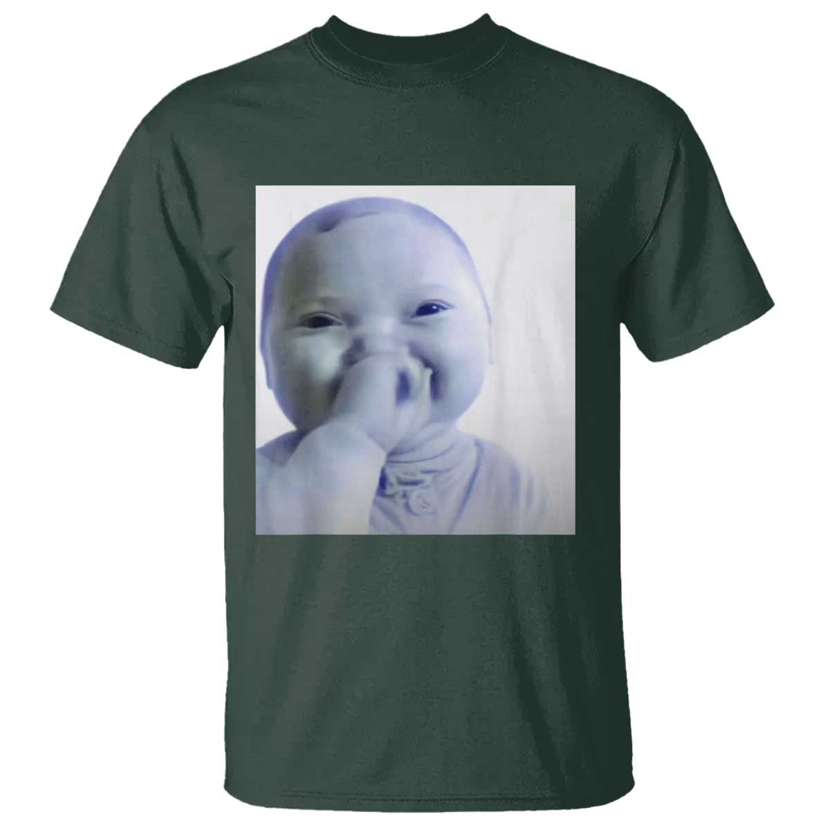 Funny Tuff Baby Giggling Meme T Shirt - Viral AI Baby Holding Laugh Photo Humor Tee TS02 Dark Forest Green Print Your Wear