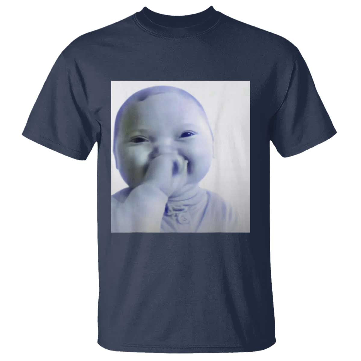 Funny Tuff Baby Giggling Meme T Shirt - Viral AI Baby Holding Laugh Photo Humor Tee TS02 Navy Print Your Wear
