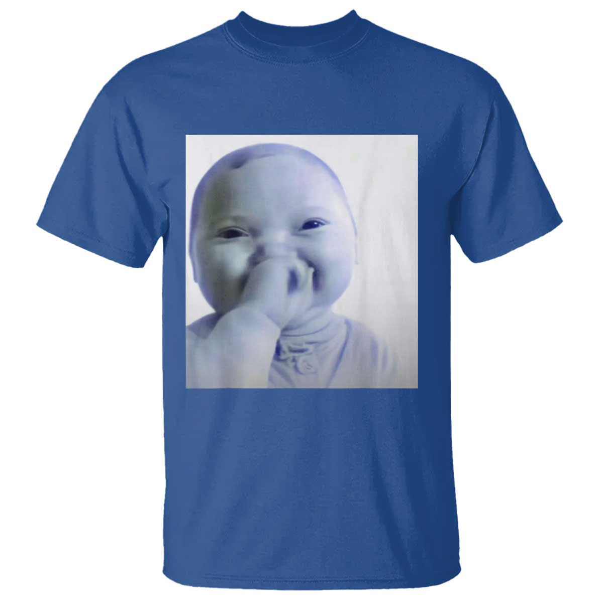 Funny Tuff Baby Giggling Meme T Shirt - Viral AI Baby Holding Laugh Photo Humor Tee TS02 Royal Blue Print Your Wear