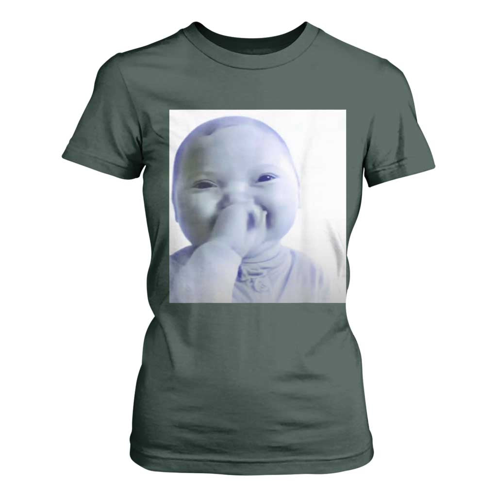 Funny Tuff Baby Giggling Meme T Shirt For Women Viral AI Niche Baby Holding Laugh Photo TS02 Dark Forest Green Print Your Wear