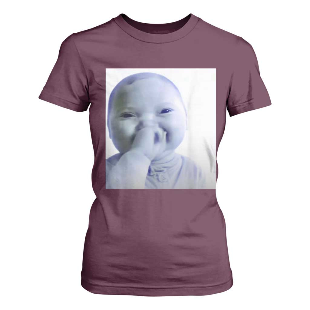 Funny Tuff Baby Giggling Meme T Shirt For Women Viral AI Niche Baby Holding Laugh Photo TS02 Maroon Print Your Wear