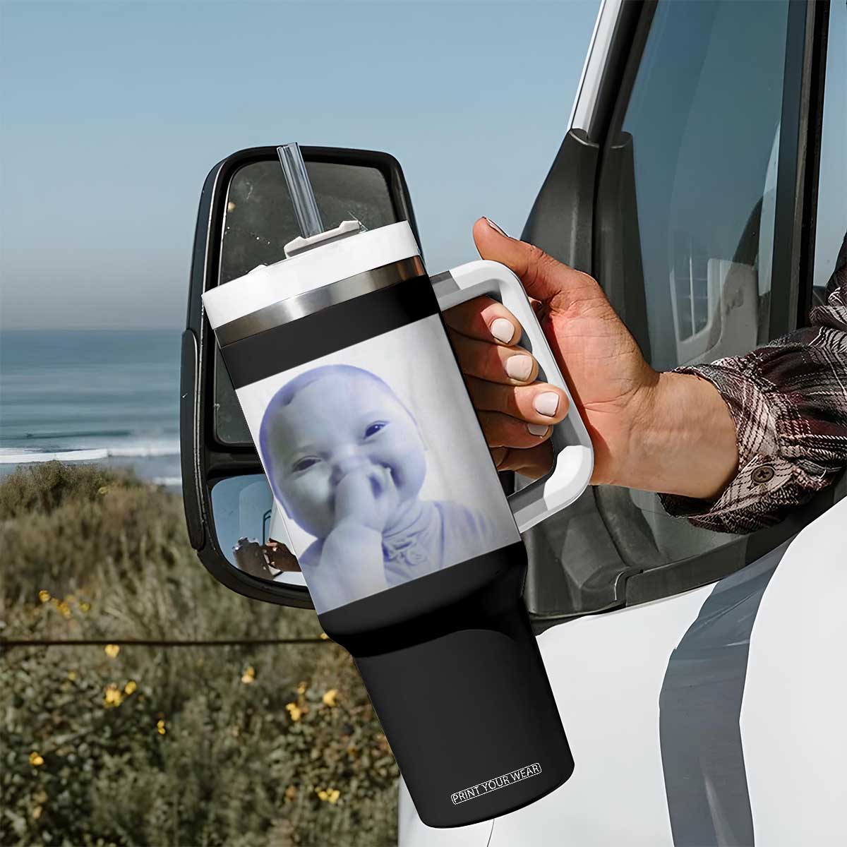 Funny Tuff Baby Giggling Meme Tumbler With Handle Viral AI Niche Baby Holding Laugh Photo TS02 Print Your Wear