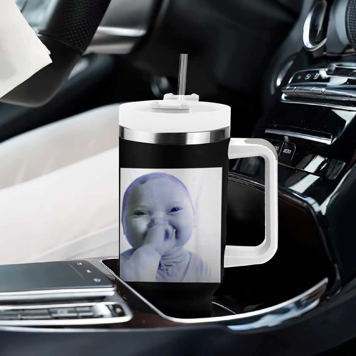 Funny Tuff Baby Giggling Meme Tumbler With Handle Viral AI Niche Baby Holding Laugh Photo TS02 Print Your Wear
